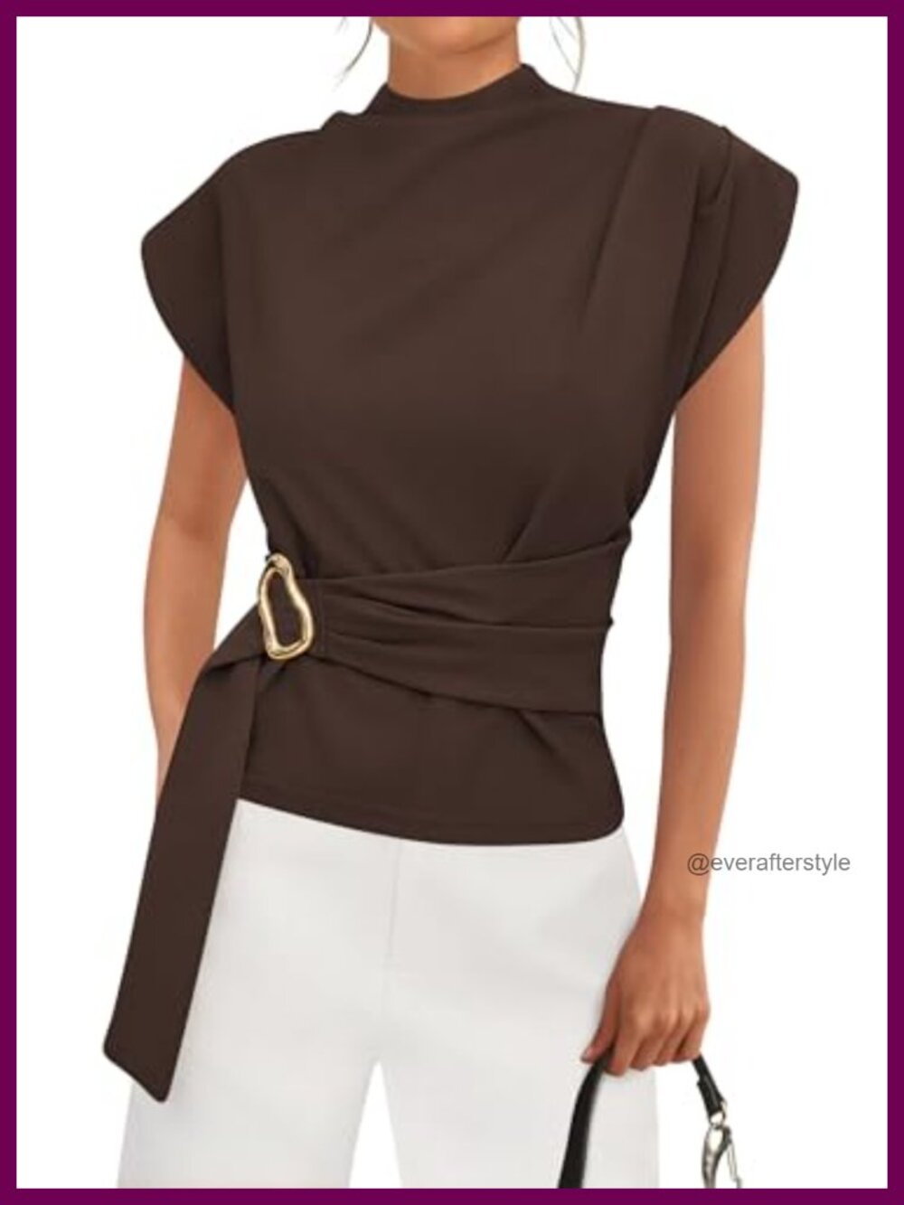 Women's Mock Neck Cap Sleeve Tunic Blouse Gold Buckle Business Casual Top